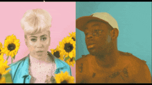 a man and a woman are standing next to each other with sunflowers behind them