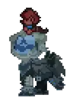 a pixel art drawing of a person with a blue shirt
