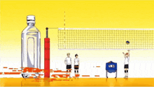 a couple of anime characters standing next to each other on a volleyball court . one of the characters is wearing glasses .