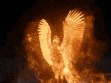a phoenix is surrounded by flames and is flying in the dark .