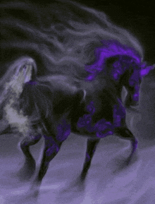 a black and purple horse with a purple mane