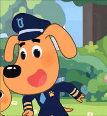 a cartoon dog is wearing a police uniform and a hat with the letter o on it .
