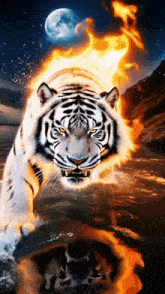 a white tiger is surrounded by flames and a full moon
