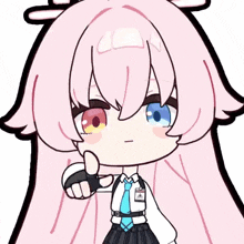 a cartoon girl with pink hair and blue eyes is pointing at the camera