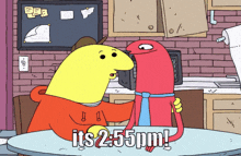 a cartoon says it 's 2:55 pm on the bottom right