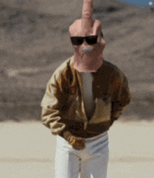 a man wearing sunglasses and a mask with a middle finger on it