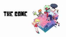 a poster for the game the came with cartoon characters on a pink car