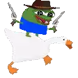 a frog is riding on the back of a white goose .