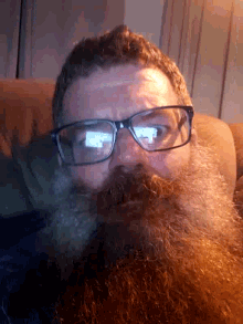 a man with a beard wearing glasses looks down at the camera
