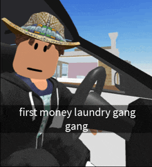 a roblox character is driving a car with the words first money laundry gang gang on the bottom