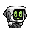 a black and white cartoon of a robot with green eyes and a satellite dish on its head .