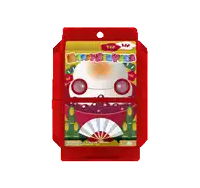 a red box with a toy inside of it and a fan