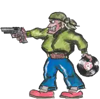 a drawing of a man holding a gun and a record that says scratch rider