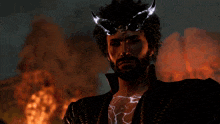 a man with a beard and horns on his head stands in front of a fire