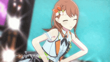 a girl with a flower in her hair is wearing a white top