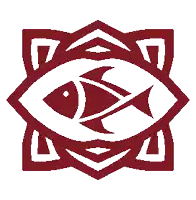 a red and white logo with a fish in the middle of it