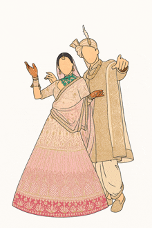 a drawing of a bride and groom with their faces missing