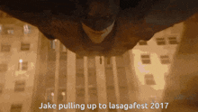 a man is flying through the air with the words " jake pulling up to lasagafest 2017 " on the bottom