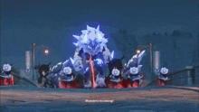 a video game character stands in front of a large monster