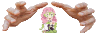 a cartoon girl with pink hair and green eyes is surrounded by a pair of hands