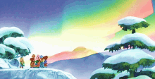 a group of people standing on top of a snow covered mountain