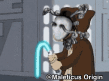a cartoon of a man holding a light saber with the caption maleficus origin