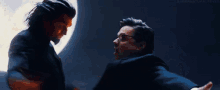 two men are fighting each other with fire coming out of their chests
