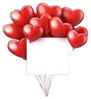 a bunch of red heart shaped balloons are surrounding a white sign