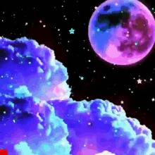 a pink and blue moon is surrounded by purple clouds