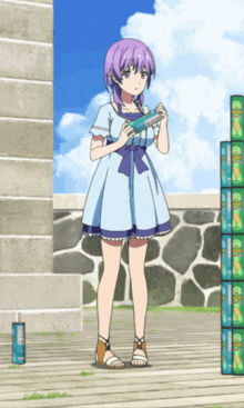 a girl with purple hair is standing in front of a stack of cans that say ' gatorade ' on them