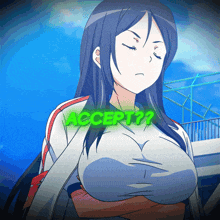 a girl with a huge breast and the word accept on her chest