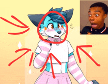 a drawing of a furry wearing a pink skirt and a white shirt