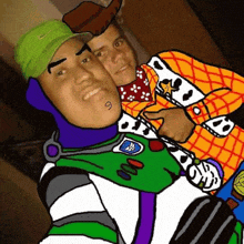 a man in a buzz lightyear costume takes a selfie with another man in a woody costume