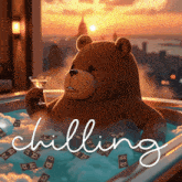 a teddy bear is in a bathtub holding a martini