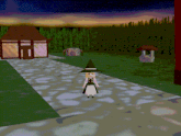 a girl in a witch hat is walking down a path in a video game