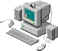 a pixel art illustration of a computer with a mouse and keyboard