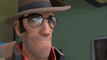 a cartoon character wearing glasses and a hat smiles