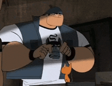 a cartoon character is standing next to a cat and drinking from a glass .