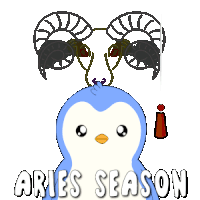 a penguin with a ram 's head on its head and the words aries season below it