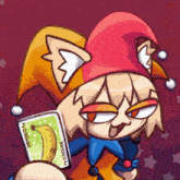a cartoon drawing of a jester holding a joker card with a banana on it