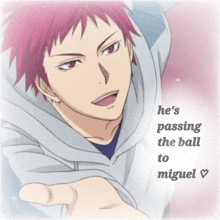 a picture of a boy with the words he 's passing the ball to miguel on it