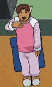 a cartoon character wearing a pink shirt and white pants is standing next to a blue chair .