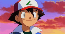 a cartoon character named ash is wearing a red and white hat with the letter a on it