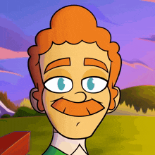 a cartoon character with red hair and a mustache is smiling