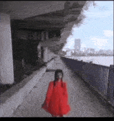a woman in a red dress is walking down a sidewalk next to a body of water .