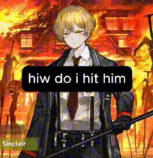a man in a suit and tie is holding a sword in front of a burning building and a fire .