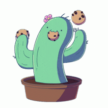 a cartoon of a cactus with cookies in its mouth and a flower on its head