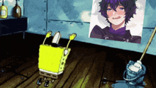 a cartoon of spongebob cleaning the floor with a picture of a girl behind him