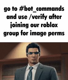 a man in a suit and tie is standing in front of a sign that says go to #bot_commands and use / verify