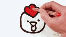 a hand draws a chicken with a heart on its head